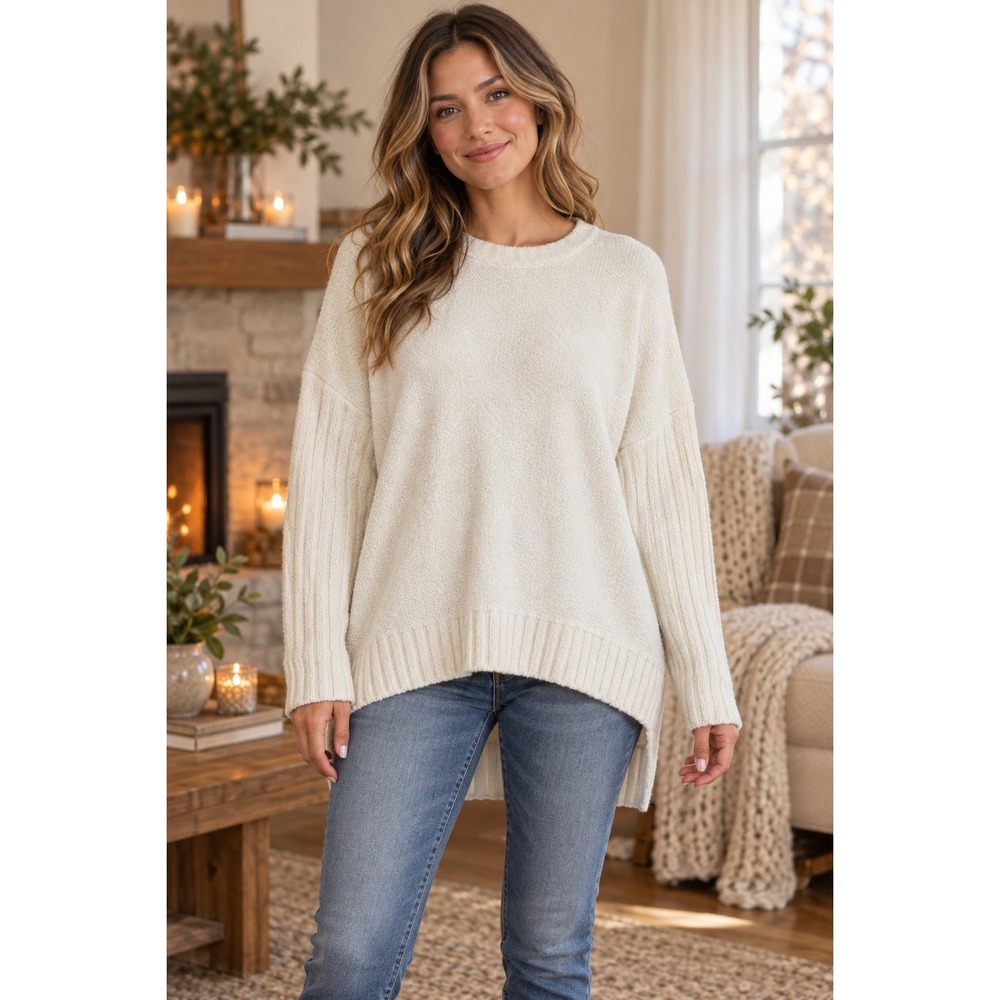 Cynthia Rowley Women's Large Ivory Chenille Sweater Oversized High Low Hem